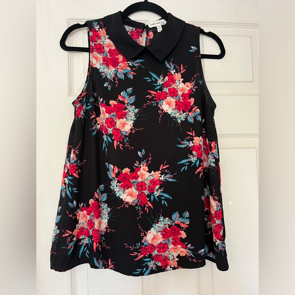 Faith and joy Los Angeles black floral blouse with Peter Pan collar.